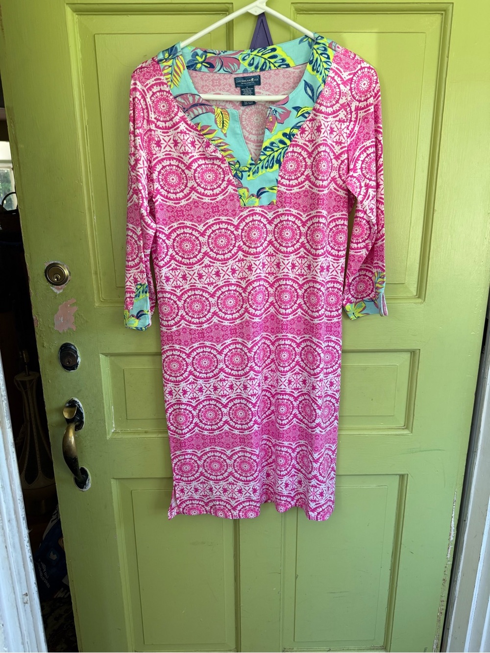 Caribbean Joe Pink Printed V-Neck Shift Dress with Aqua Floral Trim